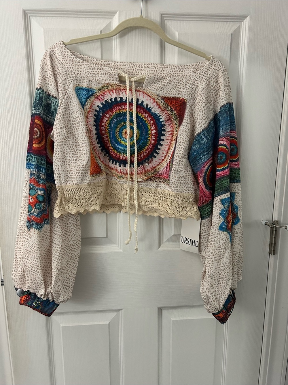 Boho Crochet-Trim Tie-Front Cropped Top - Multicolor